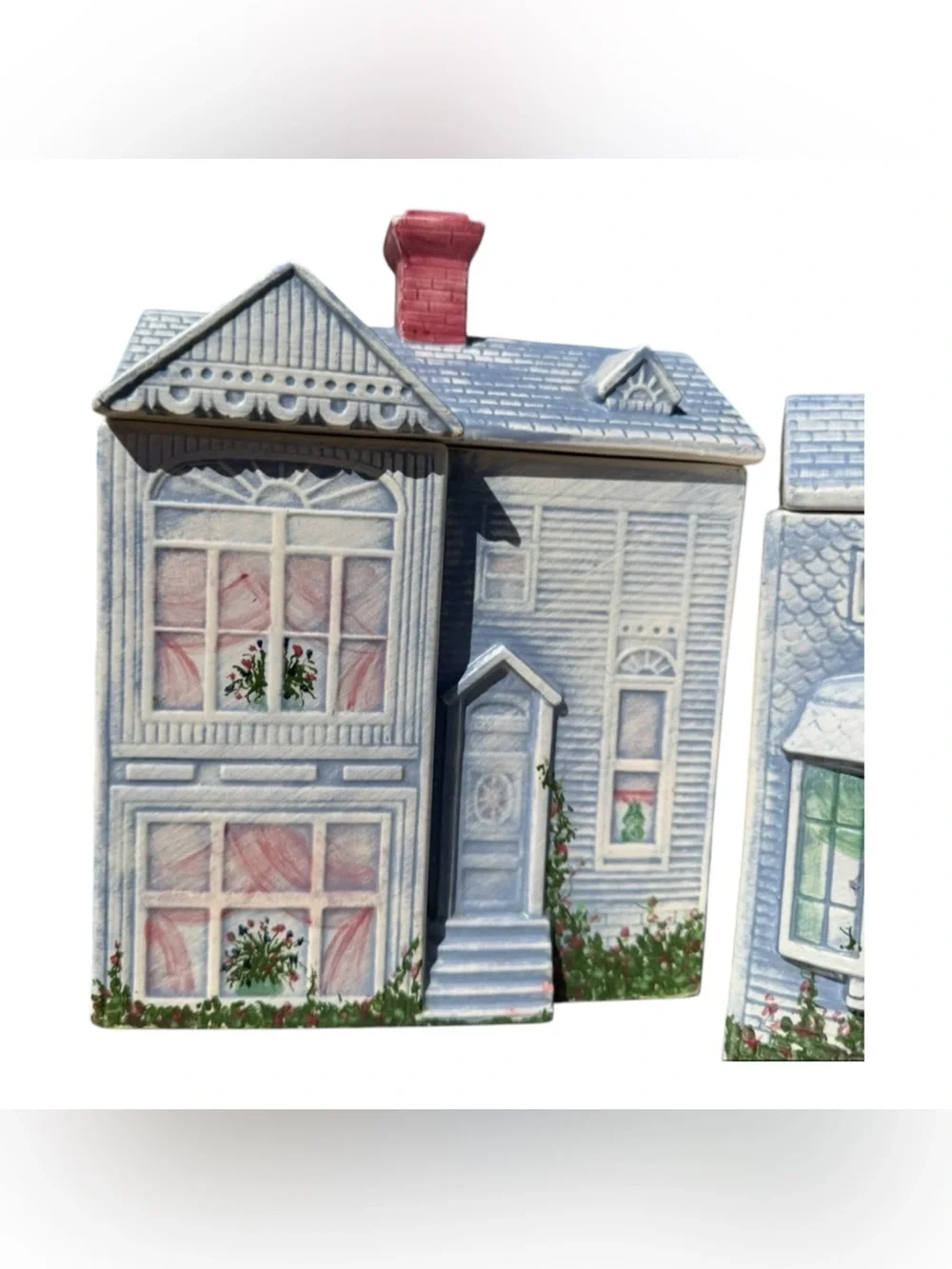 Vintage Ceramic House Canister Set of 2 Blue Cottagecore Kitchen Storage Jars